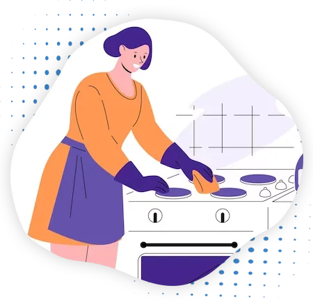 A lady cleaner doing cooktop cleaning in kitchen