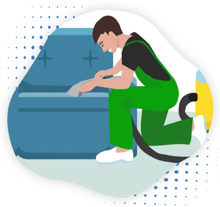 A person doing sofa cleaning by vacuum cleaning machine.