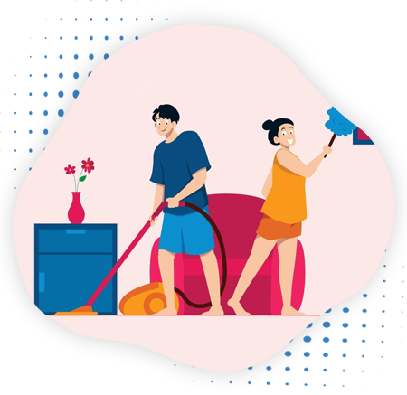  A lady doing cleaning in a house and male doing vacuum cleaning.