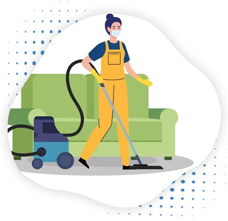 A lady cleaners doing carpet cleaning by vacuum machine nearby sofa.