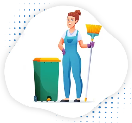 A lady cleaner holding broom on her hand and standing nearby garbage box.