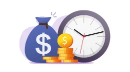 Bag, coins, and clock are showing that describe budgeted and timely services