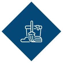 A Bucket, Mop and Wiper is showing in blue background