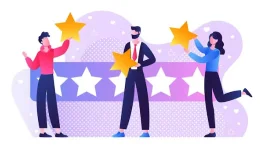 A Group of 3 person holding star on their hand and in background customer review system are showing.
